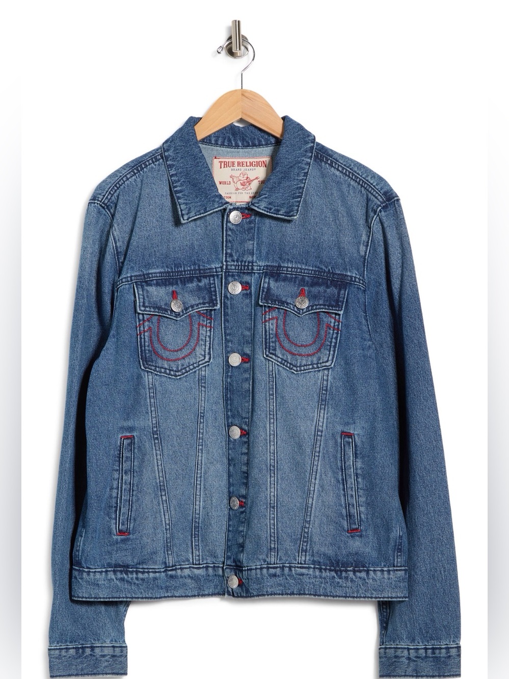 True Religion Men's Blue Denim Trucker Jacket with Red Stitching